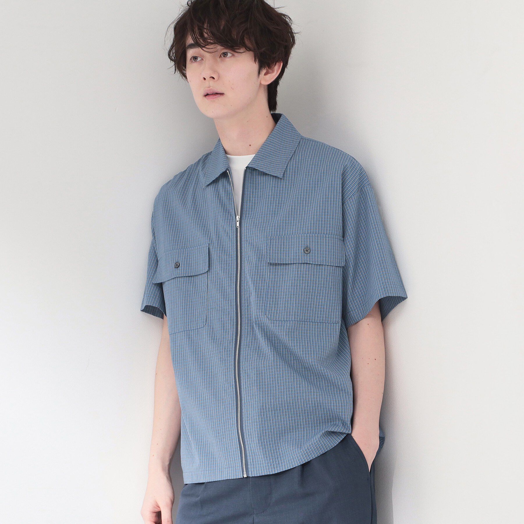 THE SHOP TK「半袖チェックジップシャツ 洗濯機OK」|シャツ・ブラウス|ブルー(292)