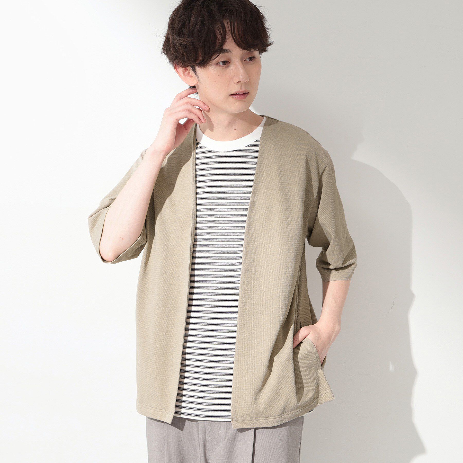 THE SHOP TK「メッシュ五分袖カーディガン＋半袖Tシャツ セットアイテム 洗濯機OK」|カーディガン|
