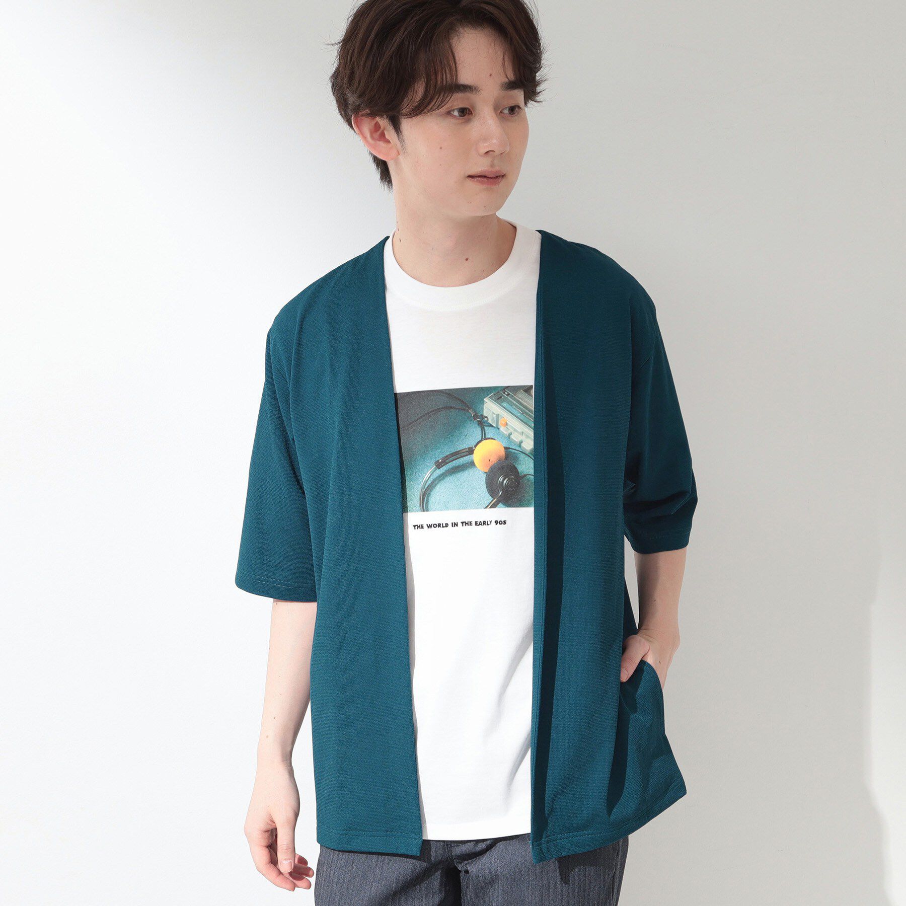 THE SHOP TK「メッシュ五分袖カーディガン＋半袖Tシャツ セットアイテム 洗濯機OK」|カーディガン|
