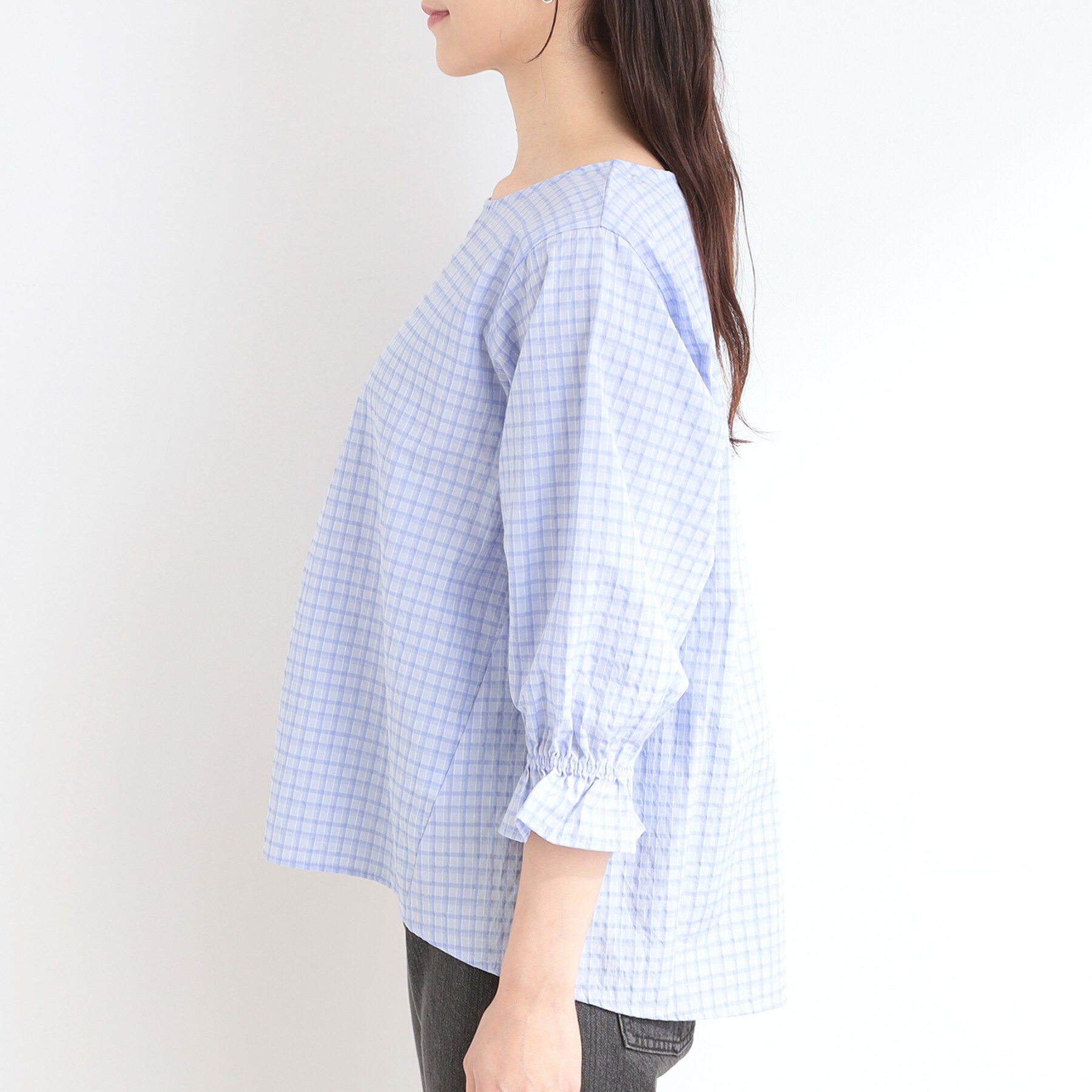 SHOO･LA･RUE「【セットアップ可/洗濯機可】上品チェックが好印象 ゆるさら6分袖ブラウス」|シャツ・ブラウス|