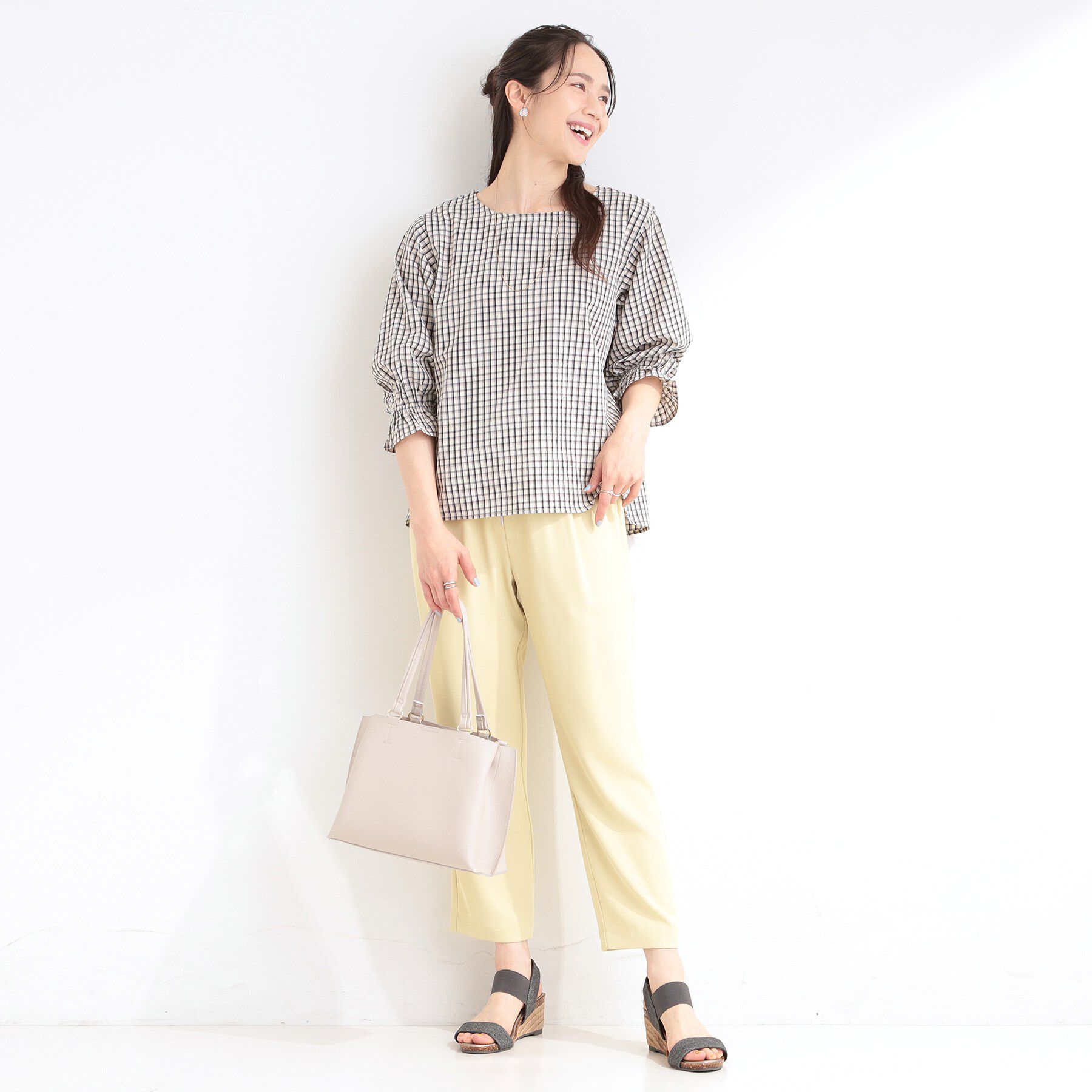 SHOO･LA･RUE「【セットアップ可/洗濯機可】上品チェックが好印象 ゆるさら6分袖ブラウス」|シャツ・ブラウス|