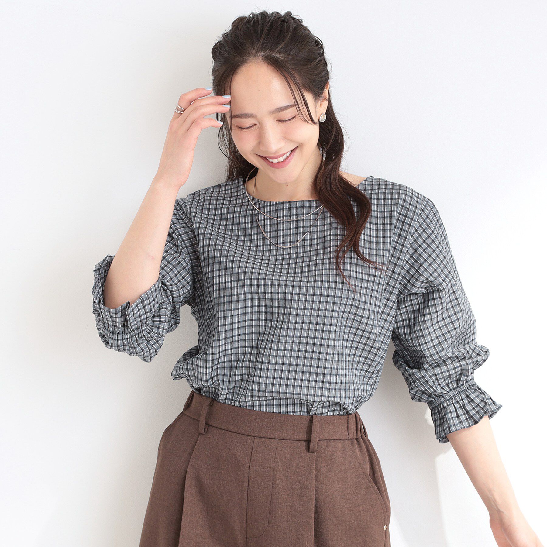 SHOO･LA･RUE「【セットアップ可/洗濯機可】上品チェックが好印象 ゆるさら6分袖ブラウス」|シャツ・ブラウス|