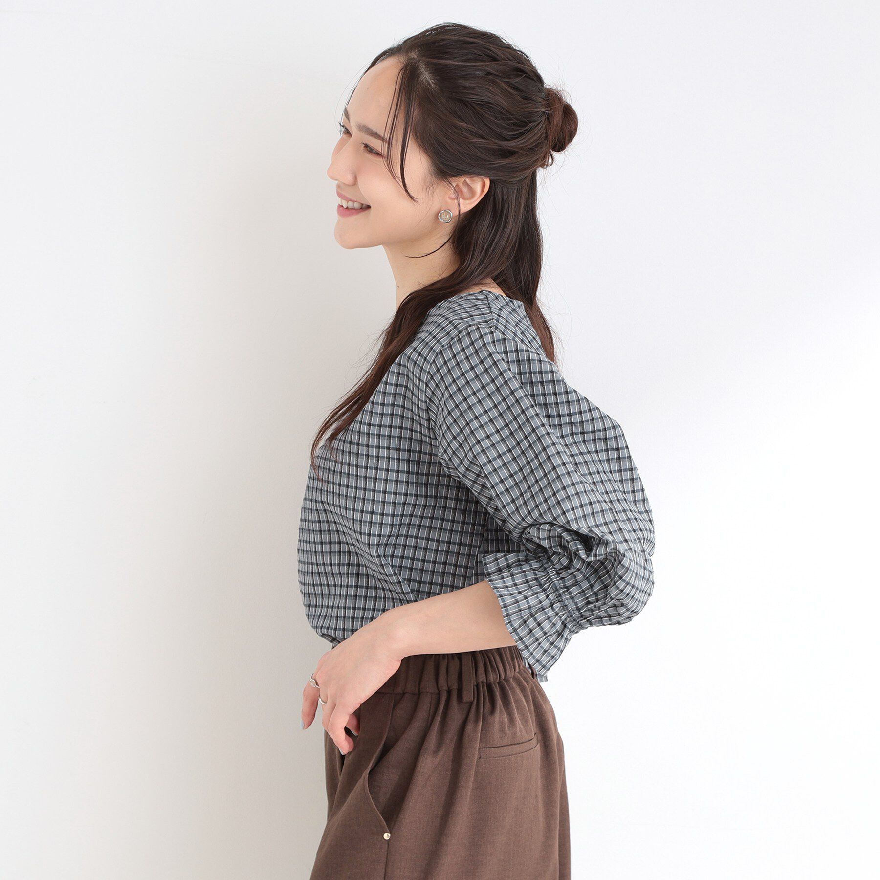 SHOO･LA･RUE「【セットアップ可/洗濯機可】上品チェックが好印象 ゆるさら6分袖ブラウス」|シャツ・ブラウス|