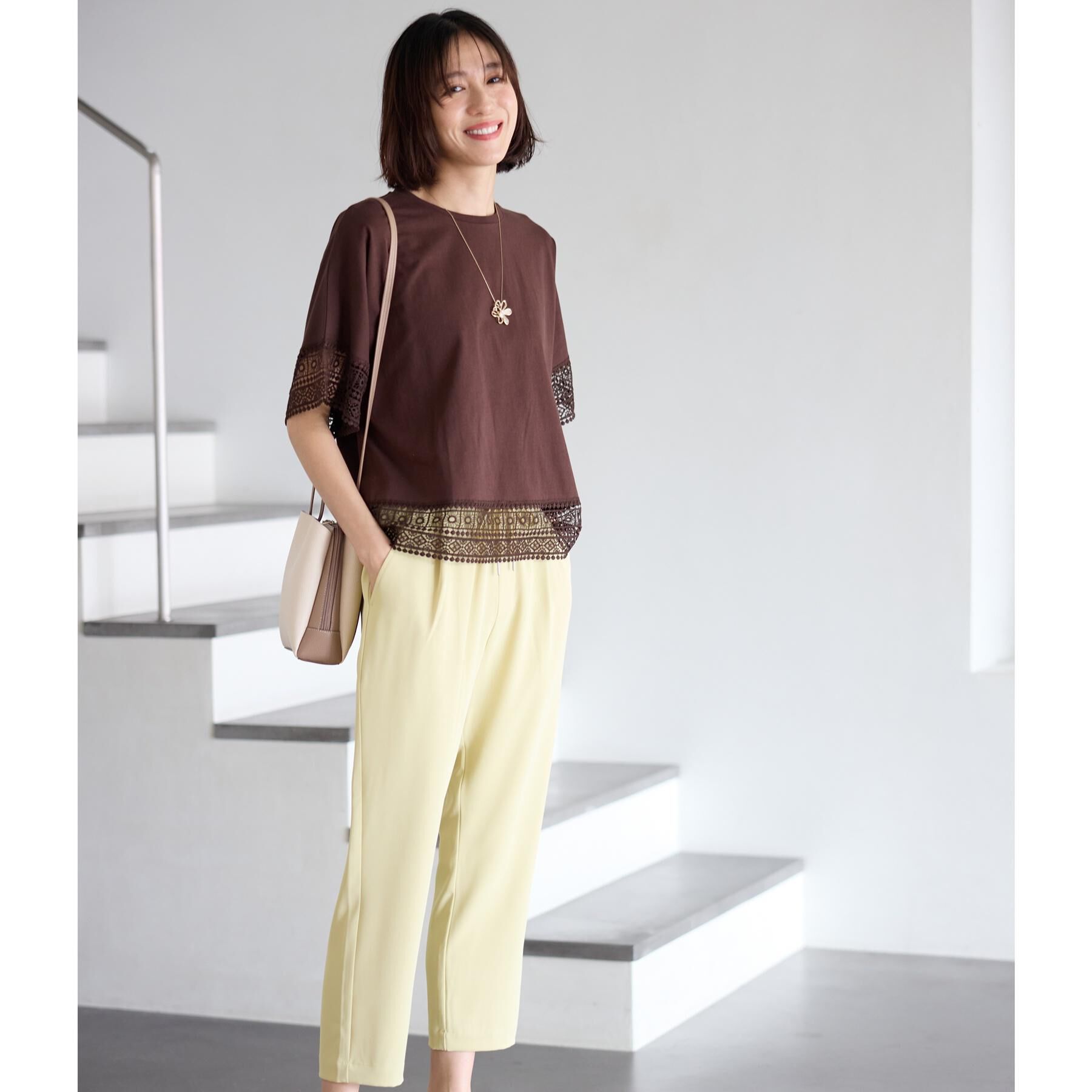 SHOO･LA･RUE「【洗濯機可/ひんやり/体型カバー/S-LL】レース使いがポイント デザインTシャツ」|Tシャツ・カットソー|