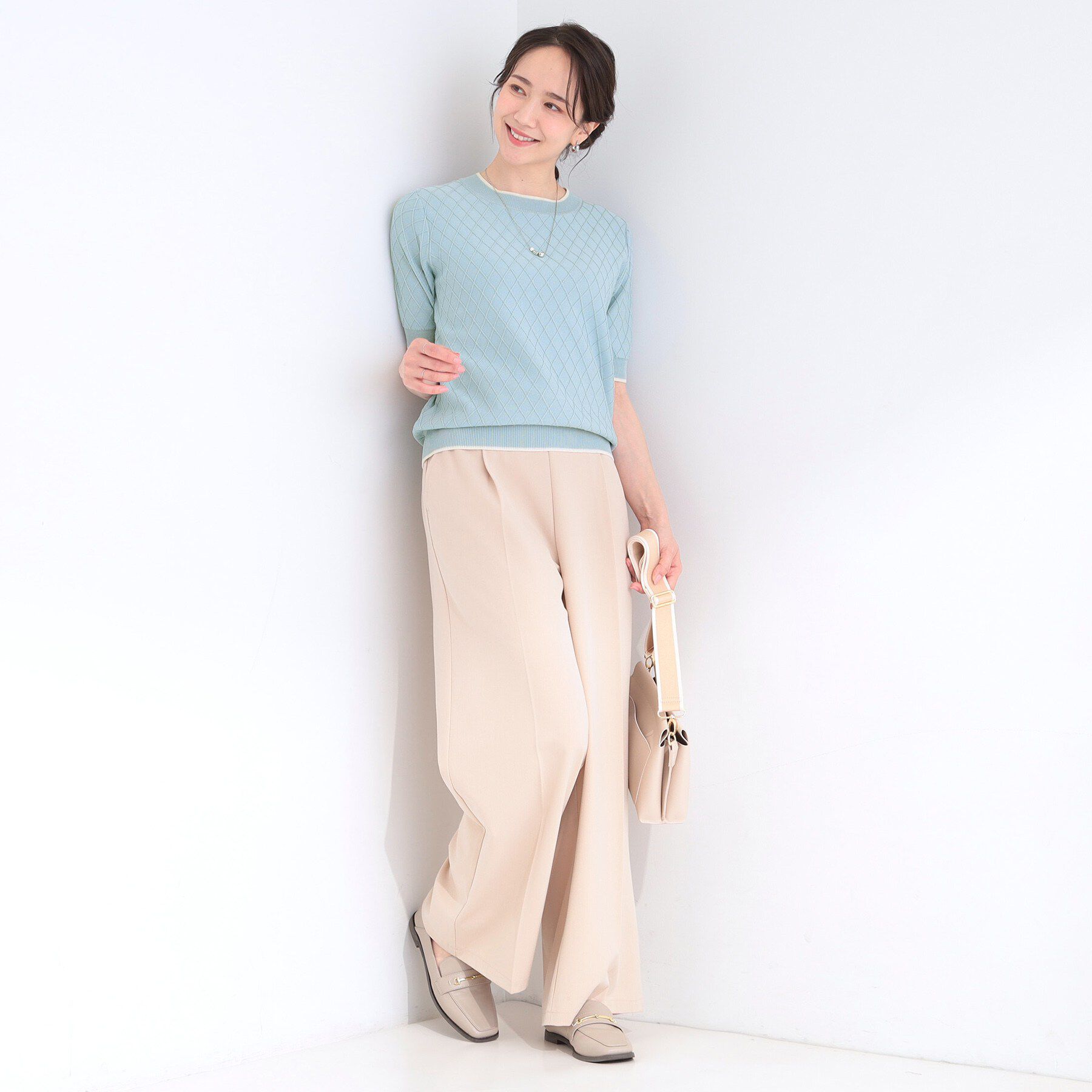 SHOO･LA･RUE「【洗濯機可/S-LL】大人上品なダイヤ編み柄 配色半袖ニット」|ニット・セーター|