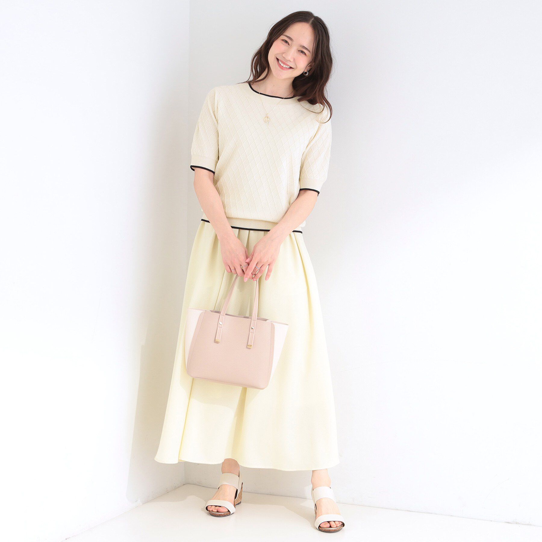 SHOO･LA･RUE「【洗濯機可/S-LL】大人上品なダイヤ編み柄 配色半袖ニット」|ニット・セーター|