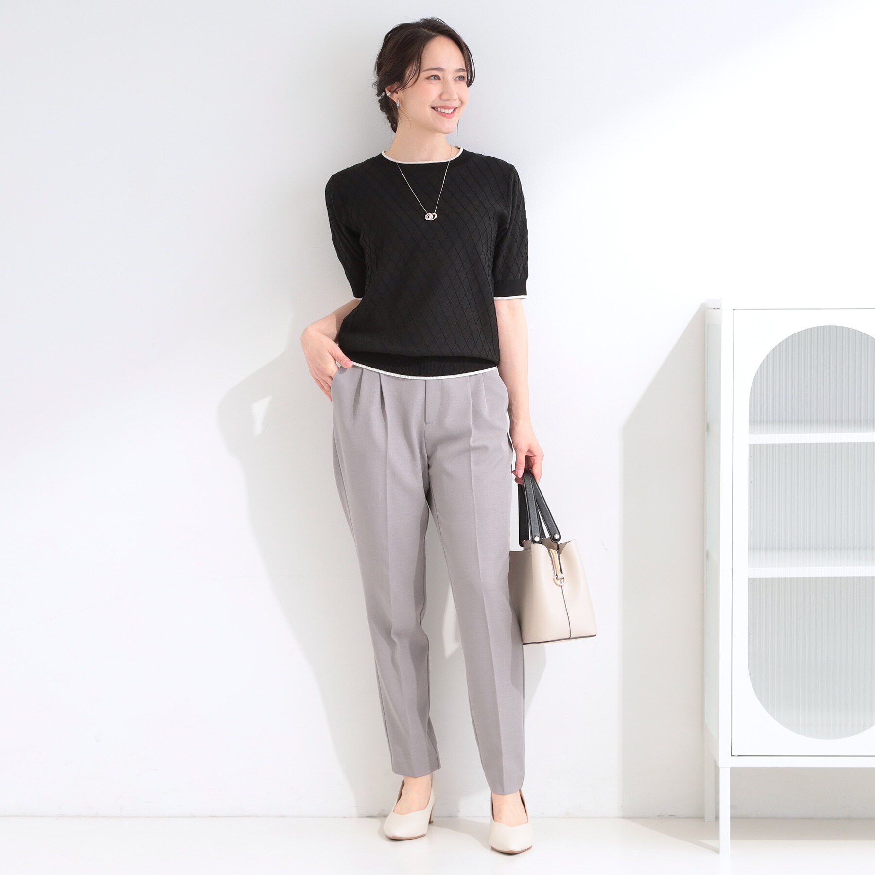 SHOO･LA･RUE「【洗濯機可/S-LL】大人上品なダイヤ編み柄 配色半袖ニット」|ニット・セーター|