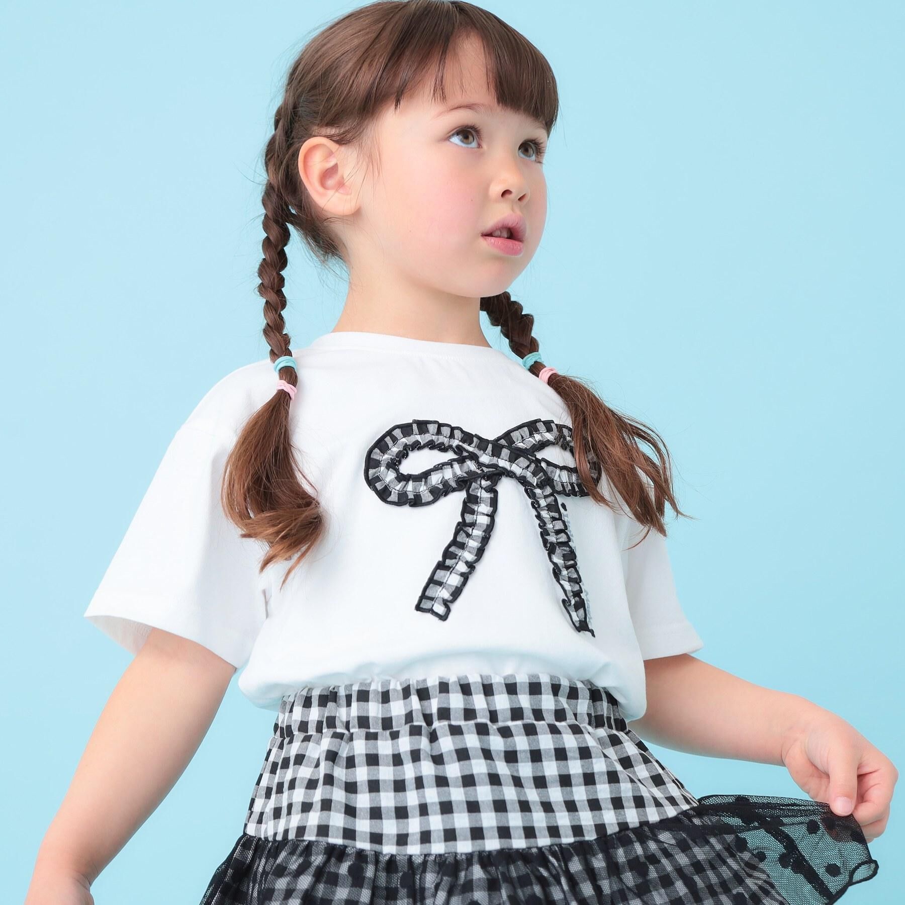 SHOO･LA･RUE「【100-150cm】ギンガムリボンTシャツ」|Tシャツ・カットソー|