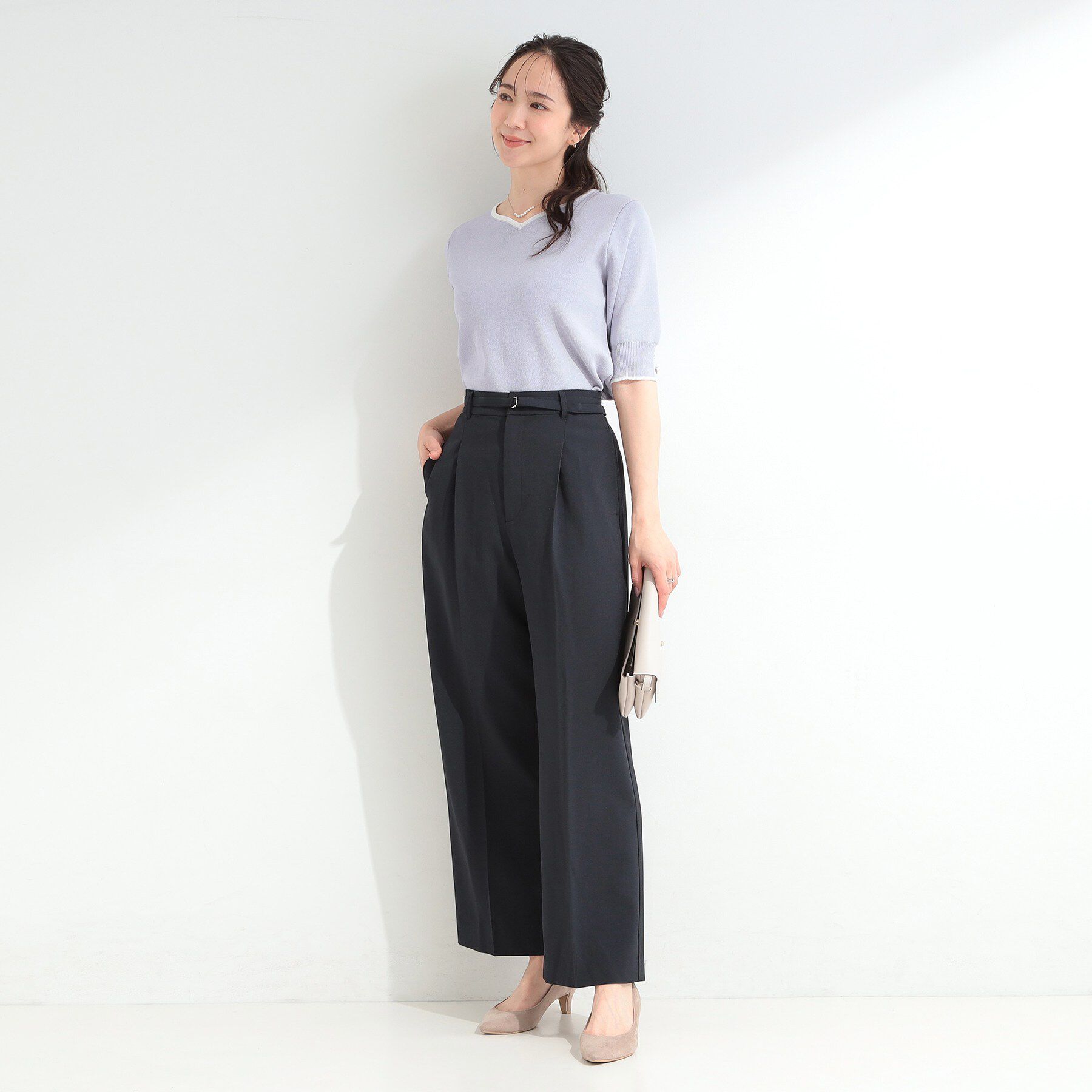 SHOO･LA･RUE「【洗濯機可/UV/5分袖】ハートネックでお顔周りすっきり バイカラーニット」|ニット・セーター|