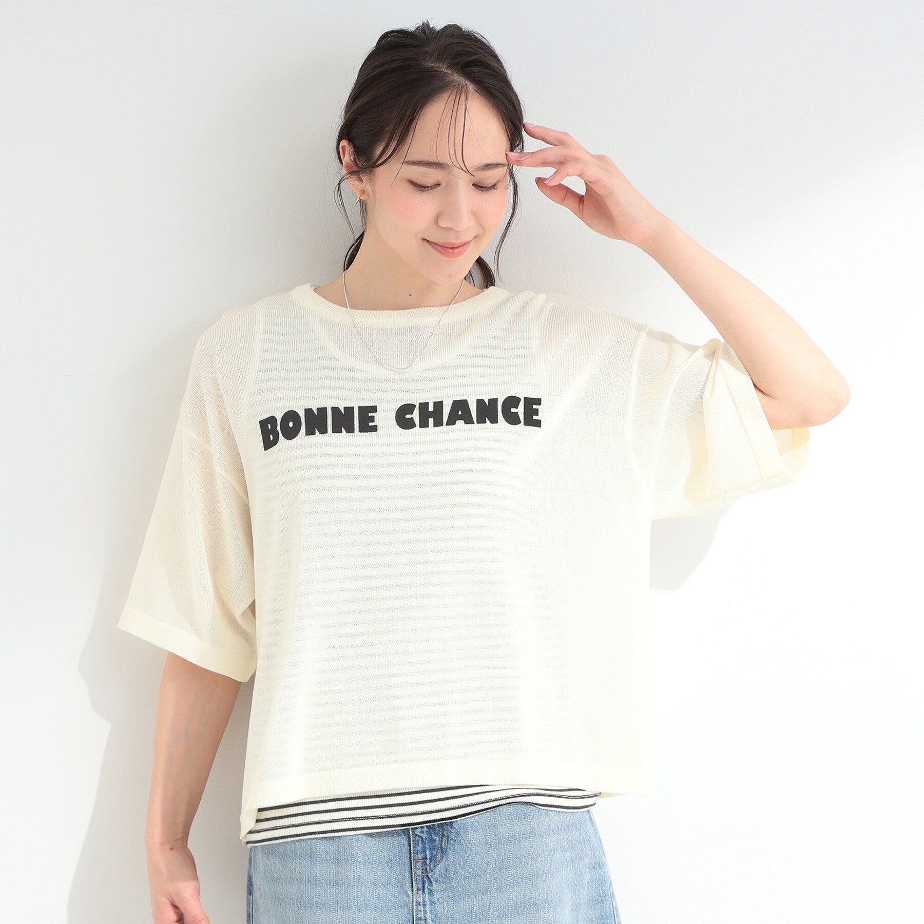 SHOO･LA･RUE「【体型カバー】程よい透け感 デザインアソート 5分袖シアーニット」|ニット・セーター|