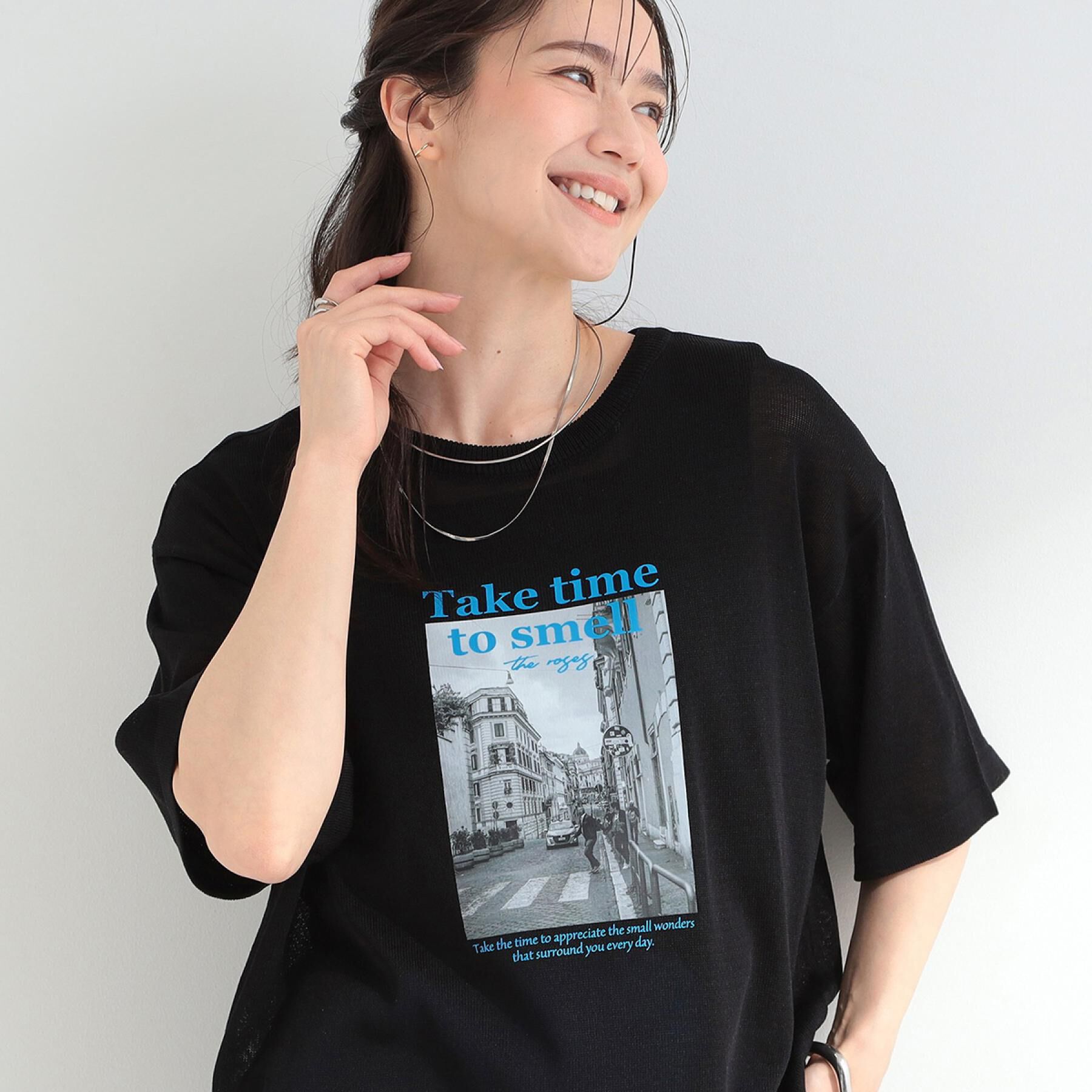 SHOO･LA･RUE「【体型カバー】程よい透け感 デザインアソート 5分袖シアーニット」|ニット・セーター|ブラック(219)