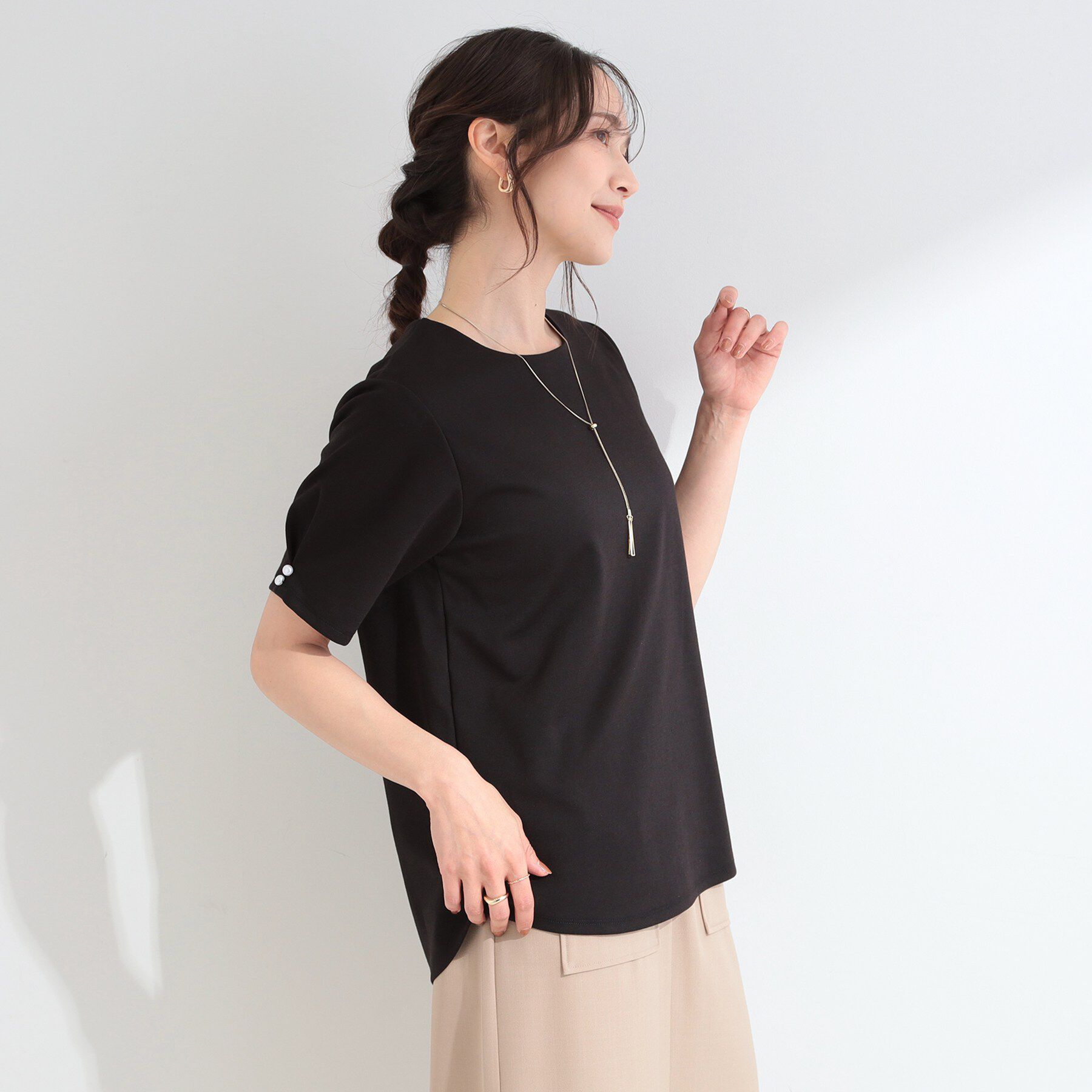 SHOO･LA･RUE「【2点セット/洗濯機可/S-LL】ネックレス付き お袖パールブラウス」|Tシャツ・カットソー|
