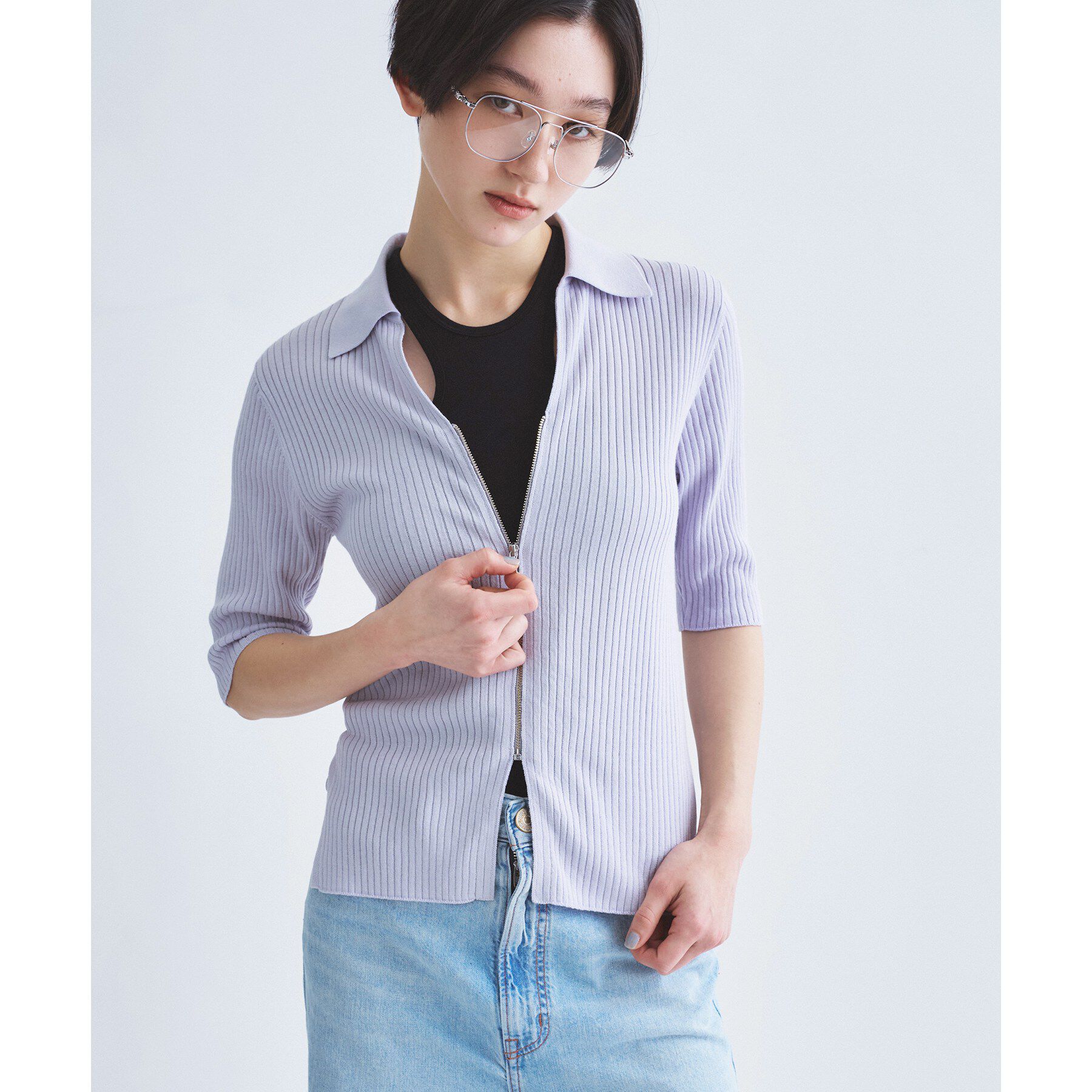 CODE A「rib zip cardigan」|カーディガン|ラベンダー(080)