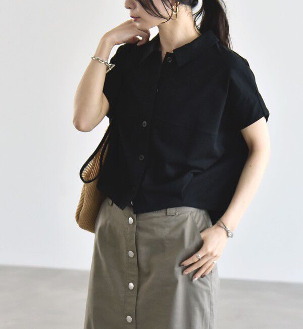 quaranciel「quaranciel:〈接触冷感/洗濯機可能〉天竺 フレンチスリーブ シャツ カットソー」|Tシャツ・カットソー|ブラック