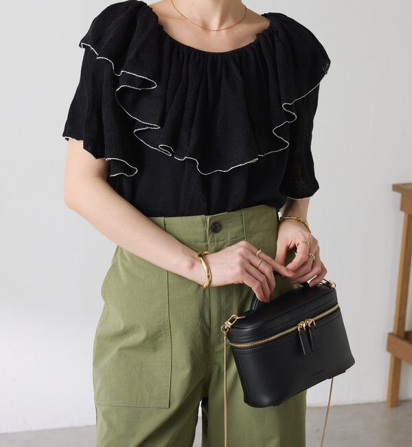  「ラッフルオフショルダーシアーニット」|ニット・セーター|ブラック