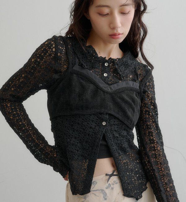  「襟レースシアーカーディガン」|Tシャツ・カットソー|ブラック