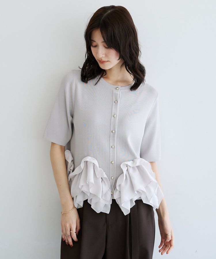 YECCA VECCA「金釦ラッフル5分袖カーディガン」|カーディガン|