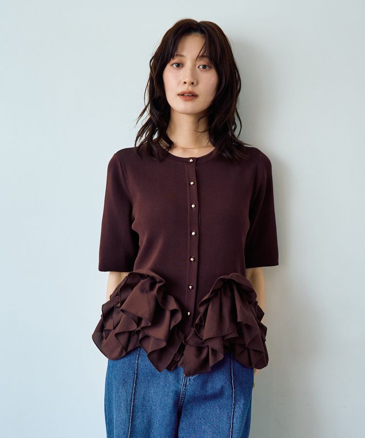 YECCA VECCA「金釦ラッフル5分袖カーディガン」|カーディガン|
