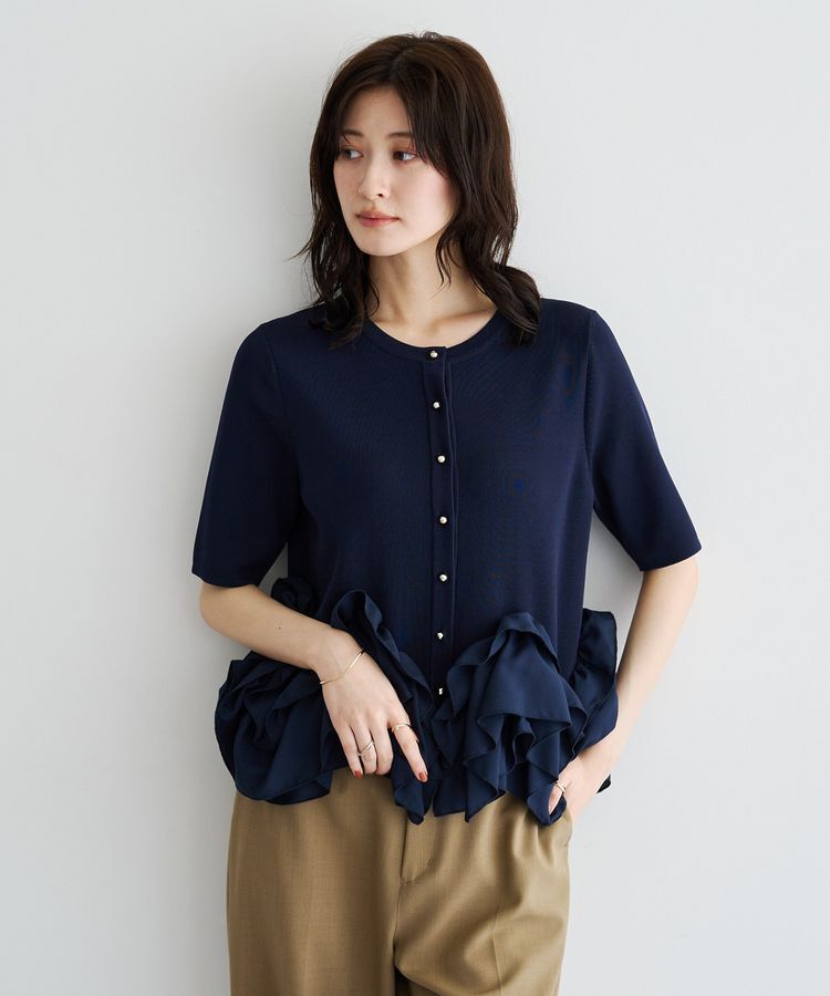 YECCA VECCA「金釦ラッフル5分袖カーディガン」|カーディガン|