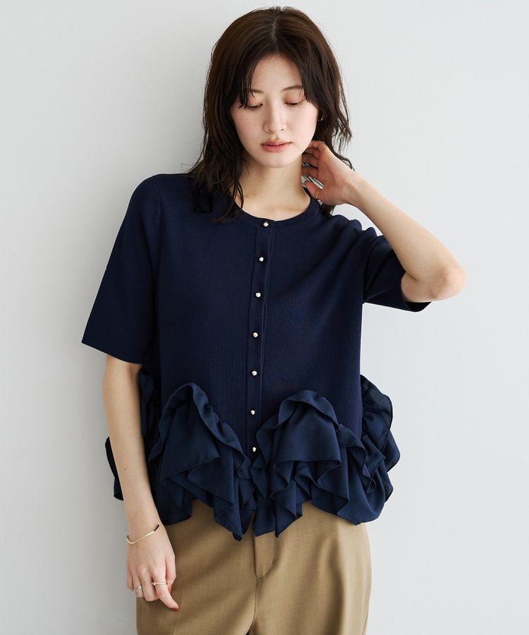 YECCA VECCA「金釦ラッフル5分袖カーディガン」|カーディガン|Navy