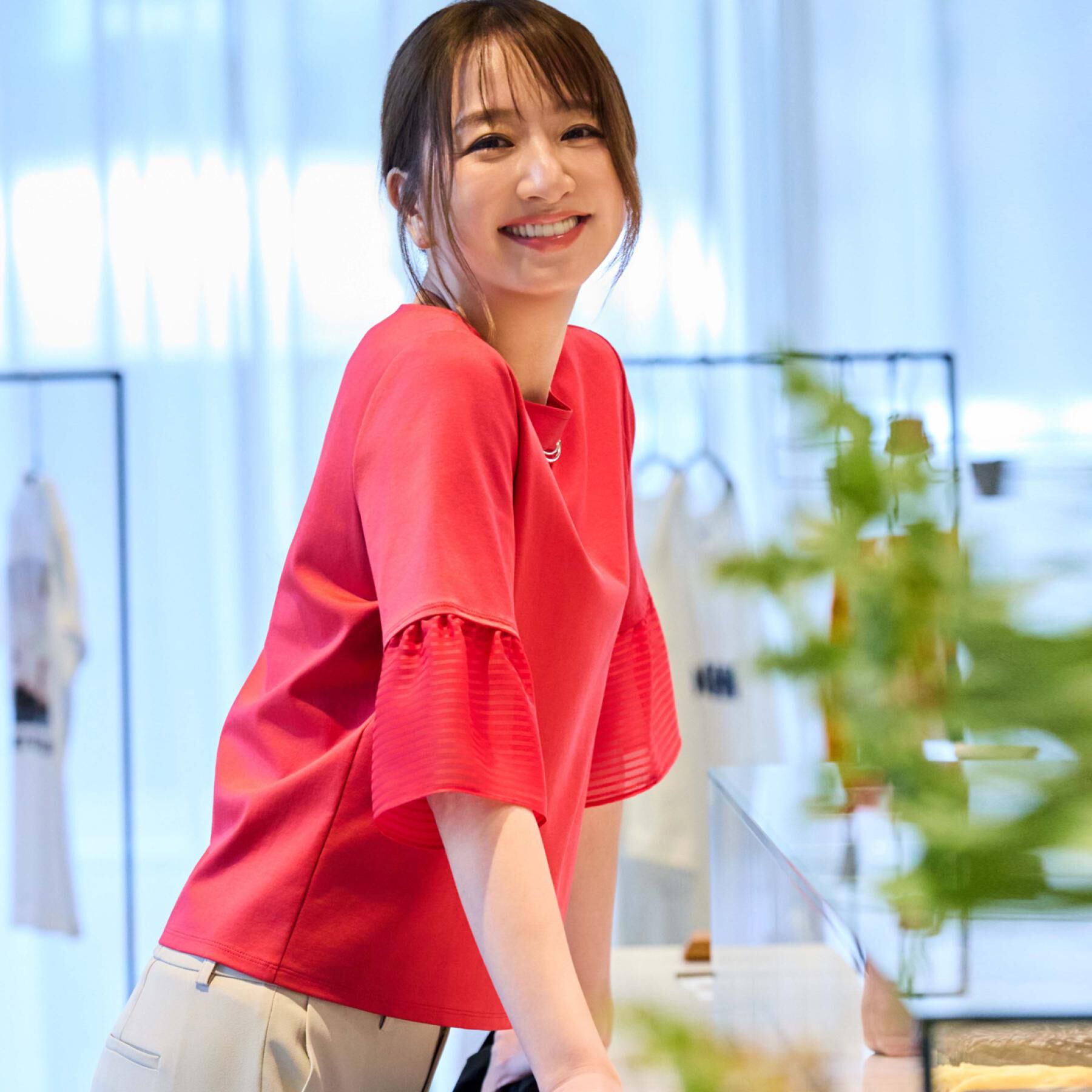 COUP DE CHANCE「【5分袖／日本製／接触冷感】異素材ドッキングカットソー」|Tシャツ・カットソー|
