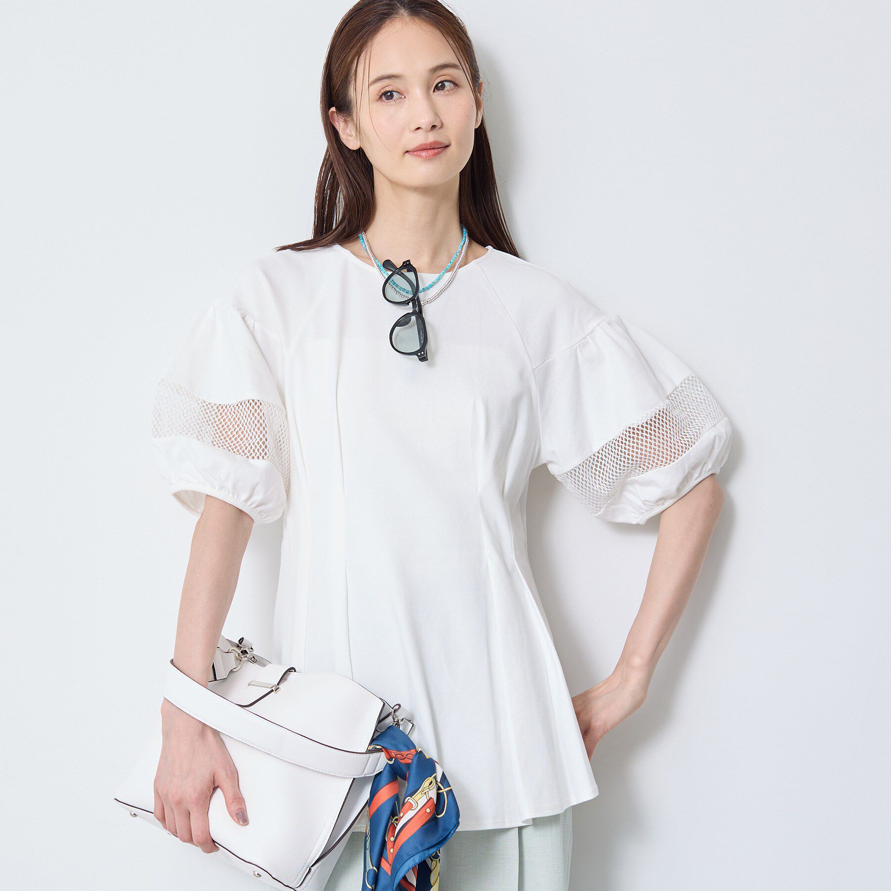 Reflect「メッシュ切り替えスリーブトップス」|Tシャツ・カットソー|ホワイト(001)