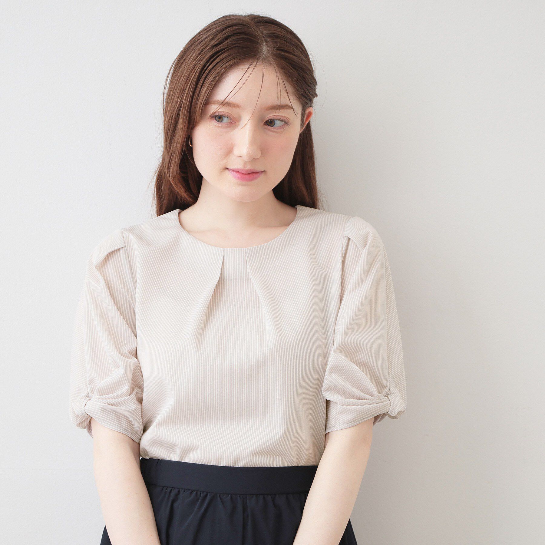 index「【吸水速乾】ストライプ調デザインスリーブトップス《洗濯機OK》」|Tシャツ・カットソー|グレージュ(350)