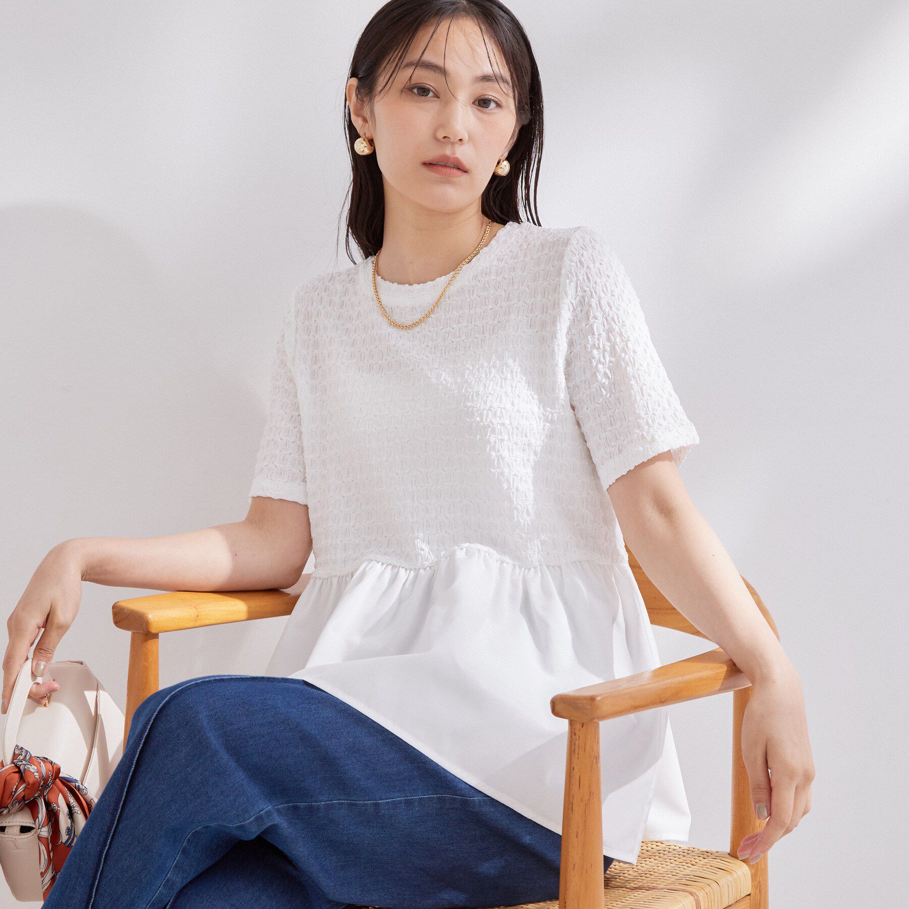 OPAQUE.CLIP「ジャカードドッキング ペプラムカットソー【洗濯機OK】」|Tシャツ・カットソー|ホワイト(001)