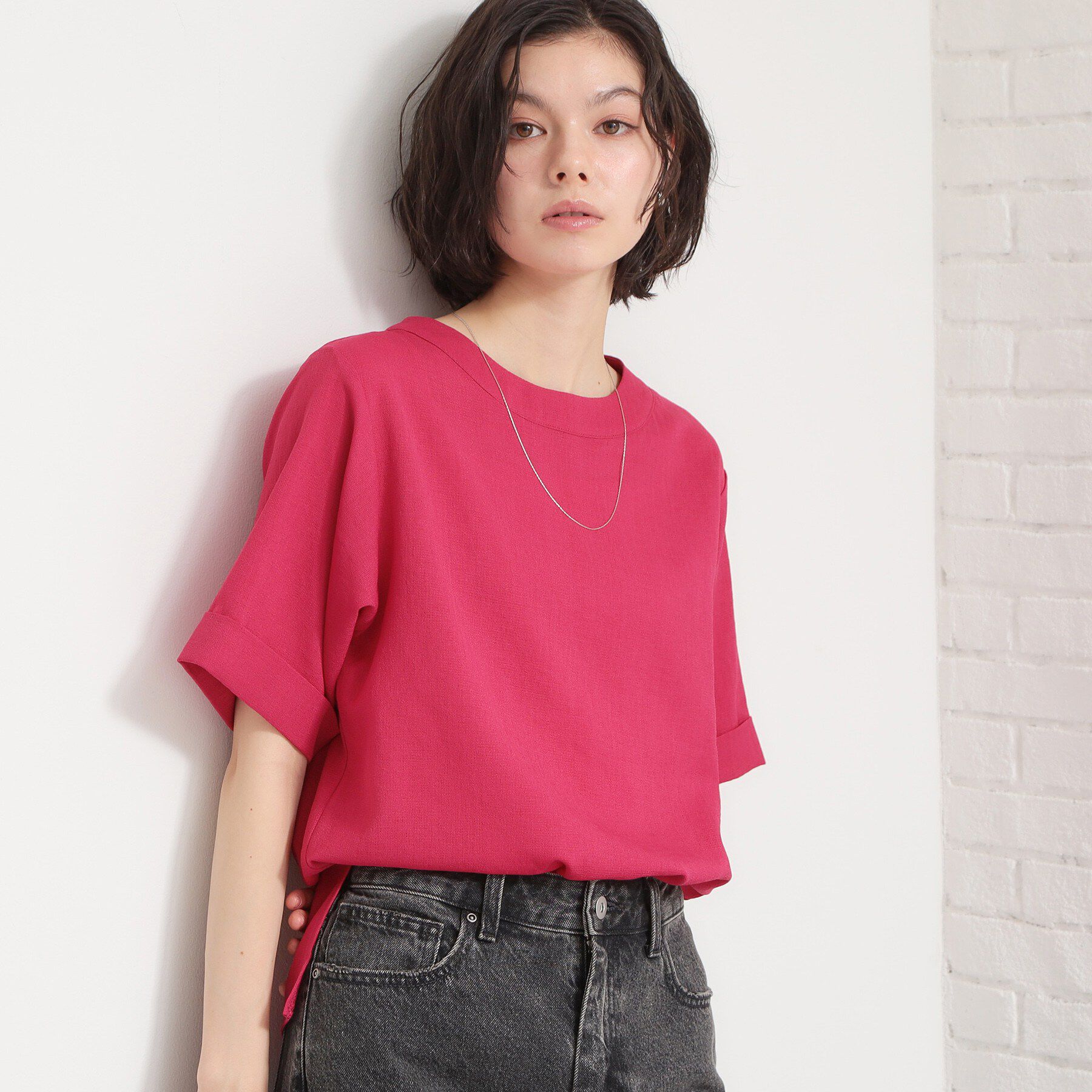 THE SHOP TK「【M-XL/二の腕カバー】さらり麻調メッシュ5分袖ブラウス」|シャツ・ブラウス|