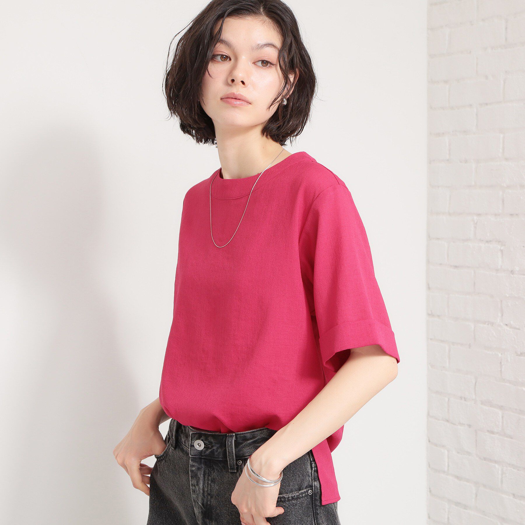 THE SHOP TK「【M-XL/二の腕カバー】さらり麻調メッシュ5分袖ブラウス」|シャツ・ブラウス|