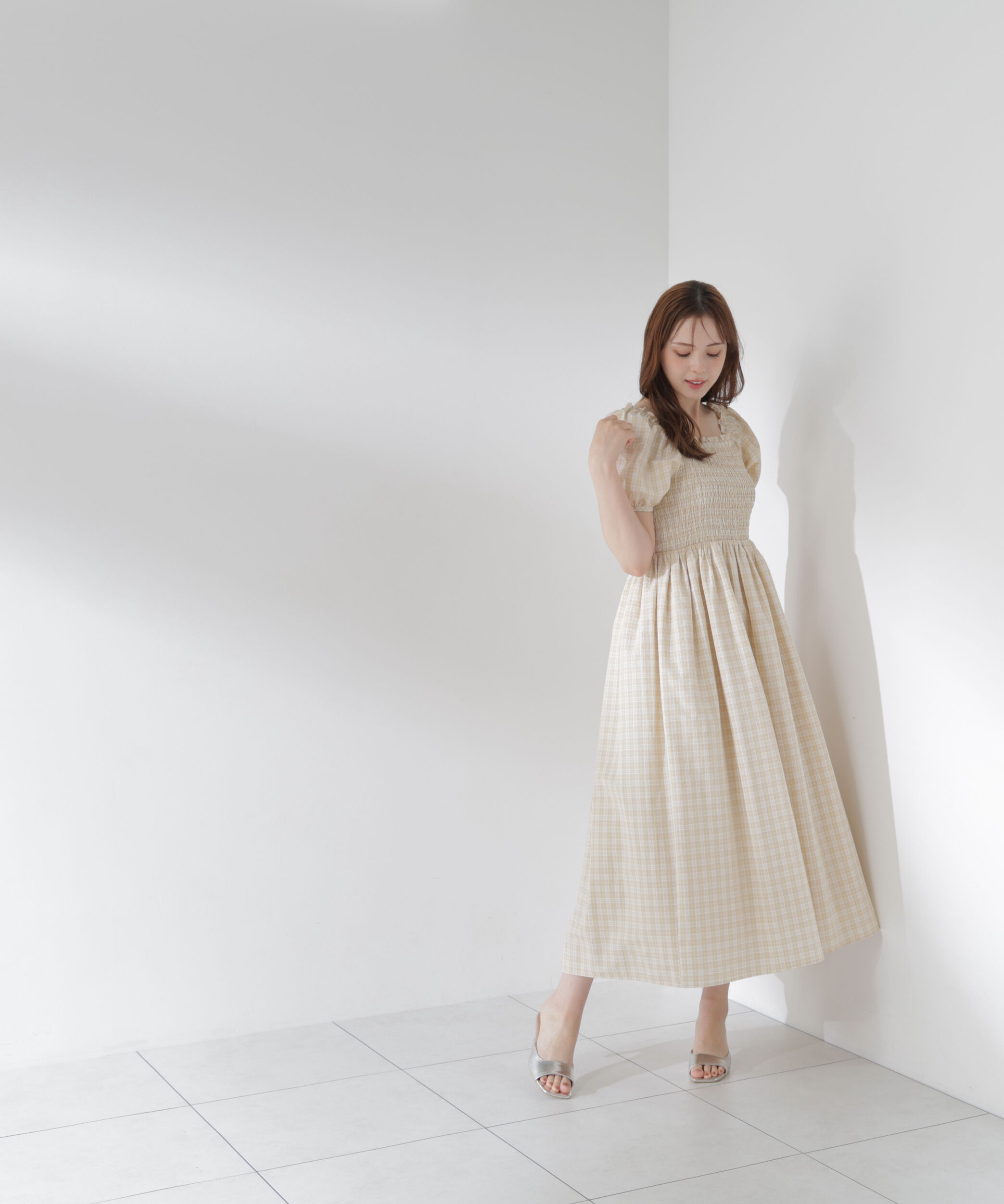 PROPORTION BODY DRESSING「チェック柄シャーリングワンピース」|ワンピース|