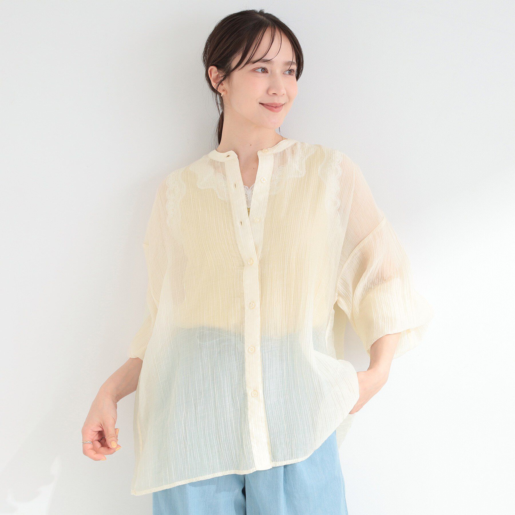 SHOO･LA･RUE「【S-LL】大人のシアー感 風合い楽しむバンドカラーシャツ」|シャツ・ブラウス|