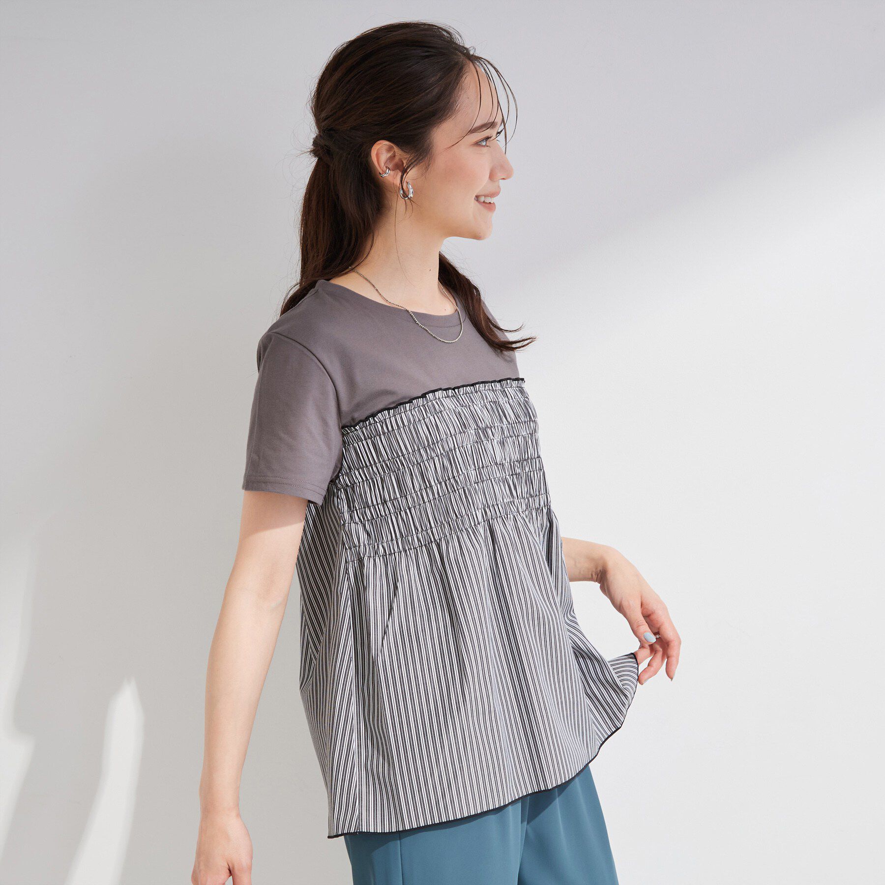 SHOO･LA･RUE「【S-LL/洗濯機可/体型カバー】インせずサマ見え ビスチェ風異素材ドッキングTシャツ」|Tシャツ・カットソー|