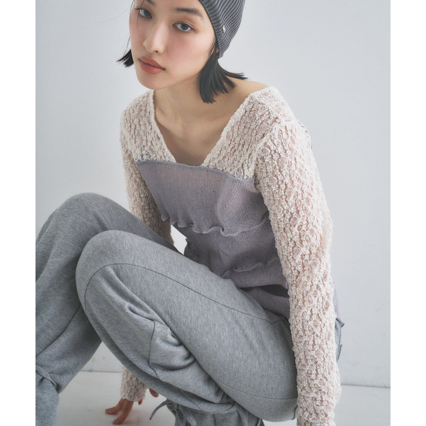 CODE A「【Re】sensual lace sheer top」|Tシャツ・カットソー|ライトグレー(011