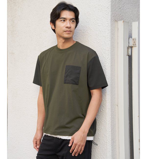 ikka「冷感異素材コンビTシャツ」|Tシャツ・カットソー|カーキ