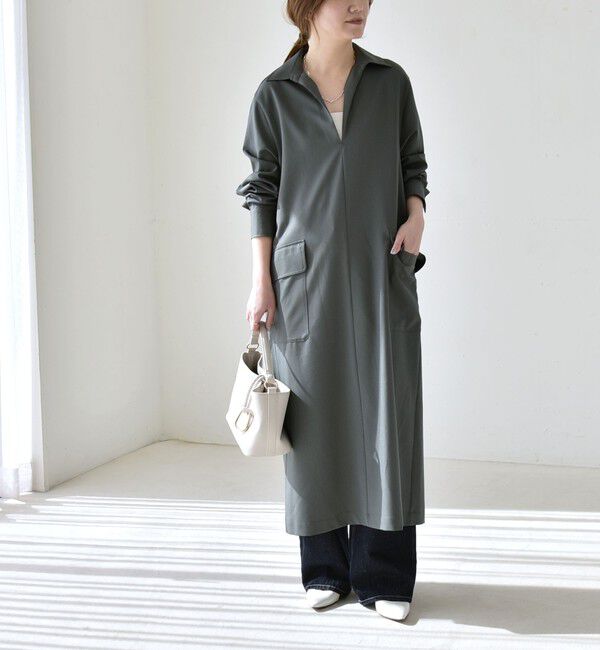 quaranciel「quaranciel:〈洗濯機可能〉Vネック スキッパー ロング シャツ ワンピース」|ワンピース|