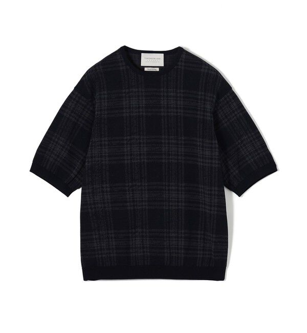 TOMORROWLAND MENS「TOMORROWLAND tricot チェック柄 強撚ハイゲージコットンニットTシャツ」|ニット・セーター|68 ネイビー系