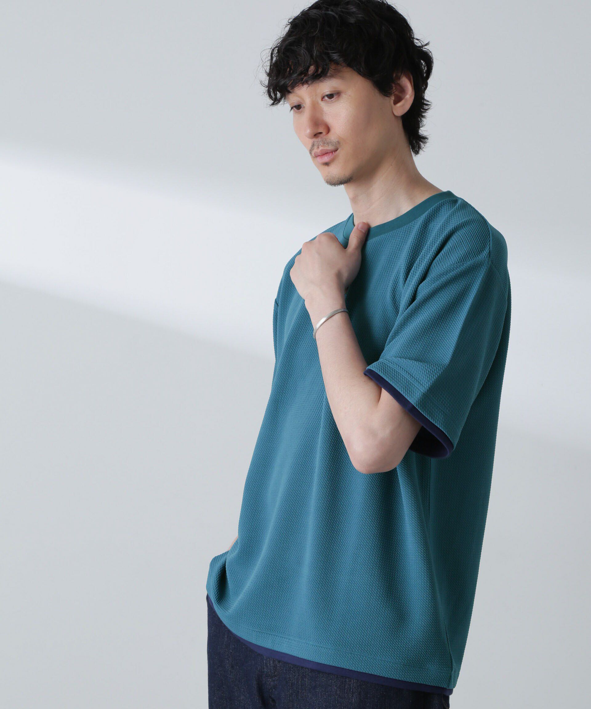 nano･universe「ジャガードフェイクレイヤードTシャツ 半袖」|Tシャツ・カットソー|ターコイズ