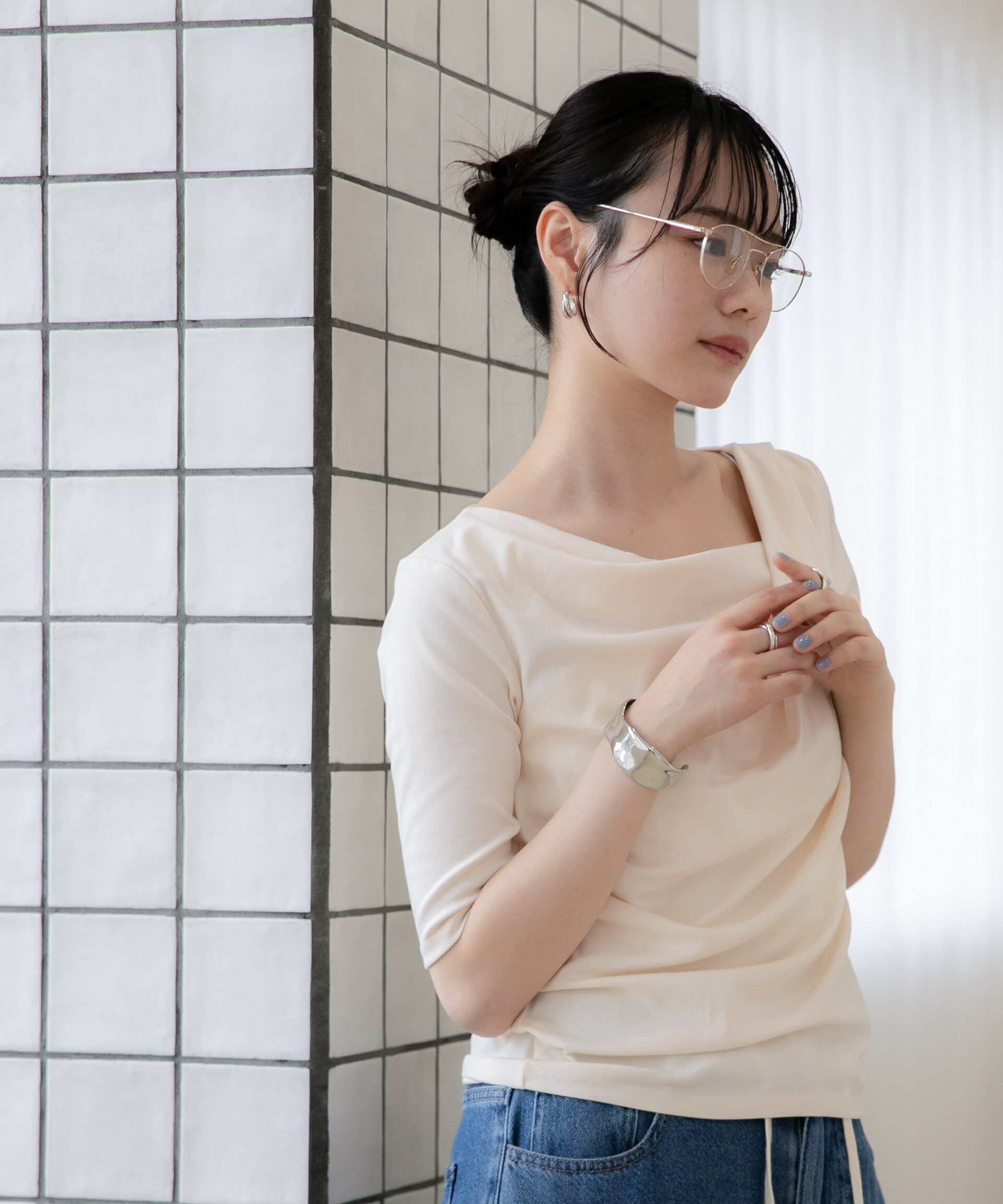 NANO universe「WEB限定/タックアシメフライスカットデザイントップス」|Tシャツ・カットソー|アイボリー7