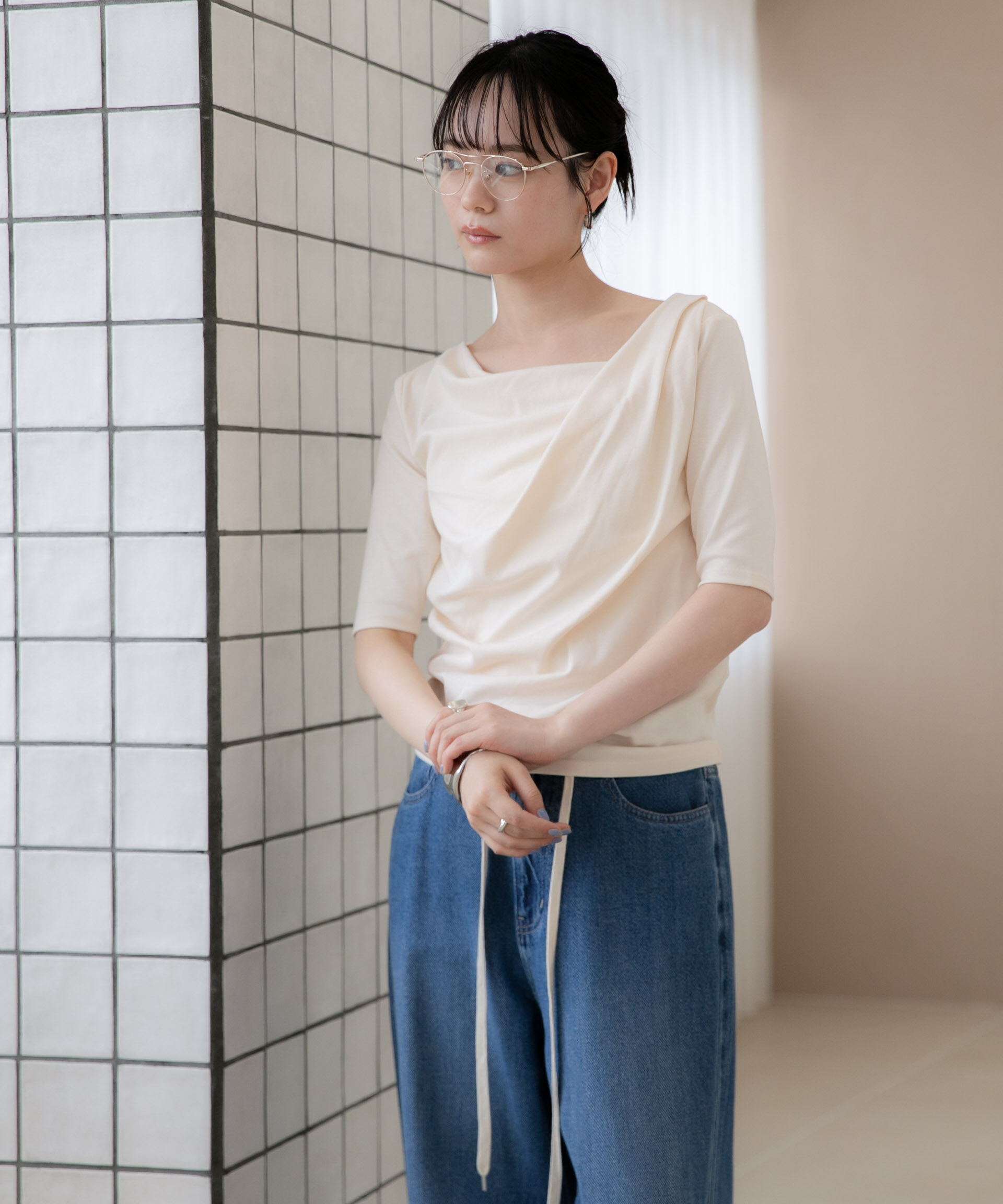 NANO universe「WEB限定/タックアシメフライスカットデザイントップス」|Tシャツ・カットソー|