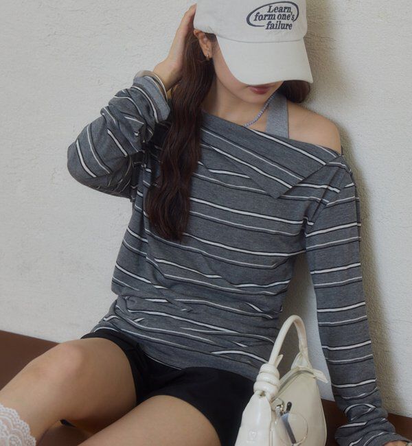  「折り返しオフショルロンT」|Tシャツ・カットソー|グレー