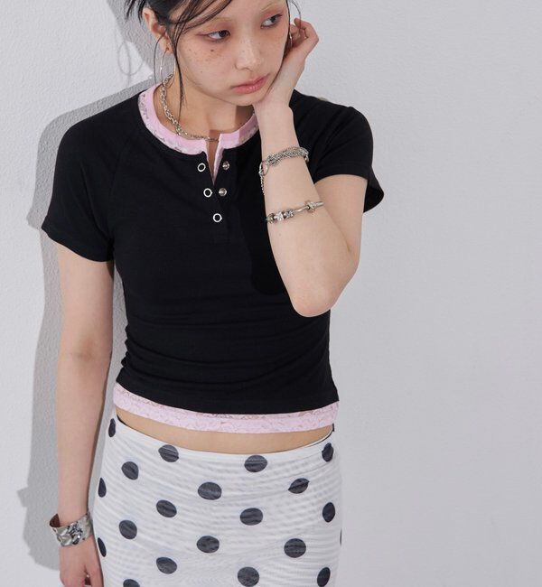  「レースレイヤードリングドットヘンリーTEE」|Tシャツ・カットソー|ブラック
