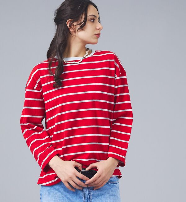Rouge vif「【Le Melange/ル・メランジュ】マルチボーダーTee/8分袖/クルーネッ」|Tシャツ・カットソー|