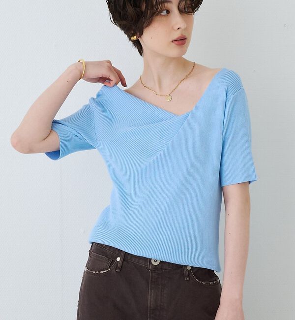 Rouge vif「【一部店舗 / WEB限定】ハーフスリーブドレープリブニット」|ニット・セーター|サックスブルー