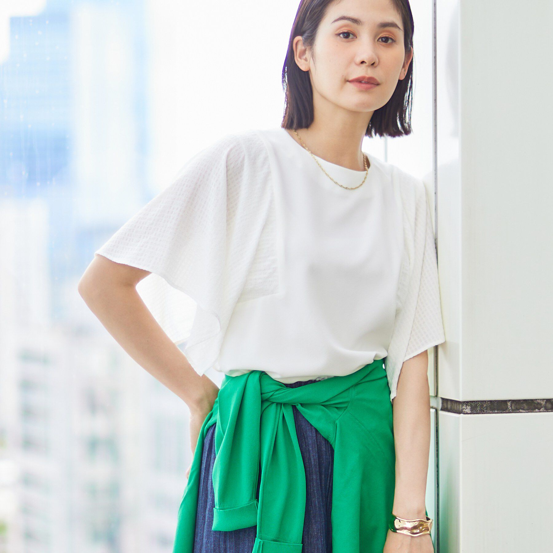 INDIVI「【洗える／シアーチェック柄】異素材コンビスリーブトップス」|Tシャツ・カットソー|