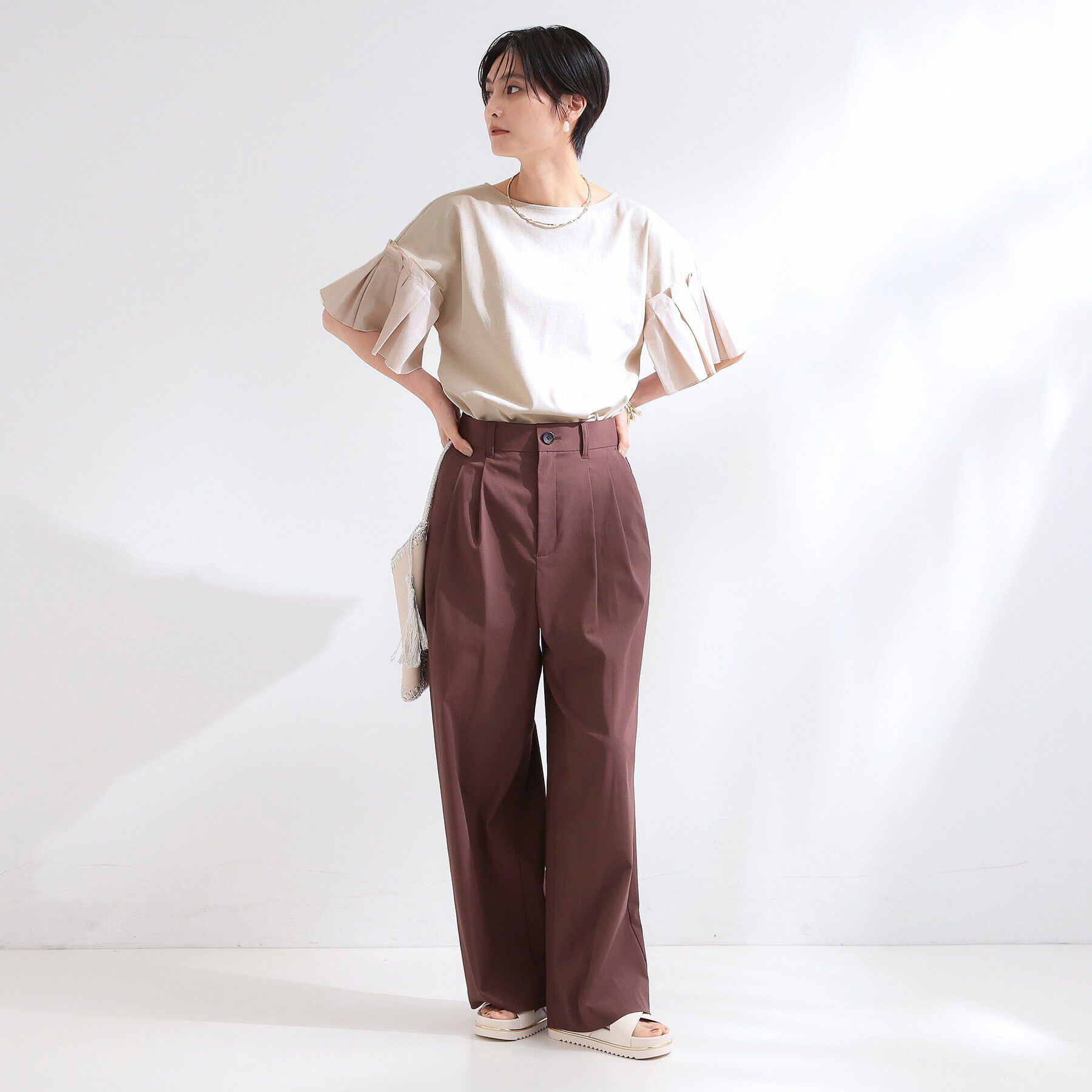 OPAQUE.CLIP「【接触冷感】タックスリーブカットソー《洗濯機OK》」|Tシャツ・カットソー|