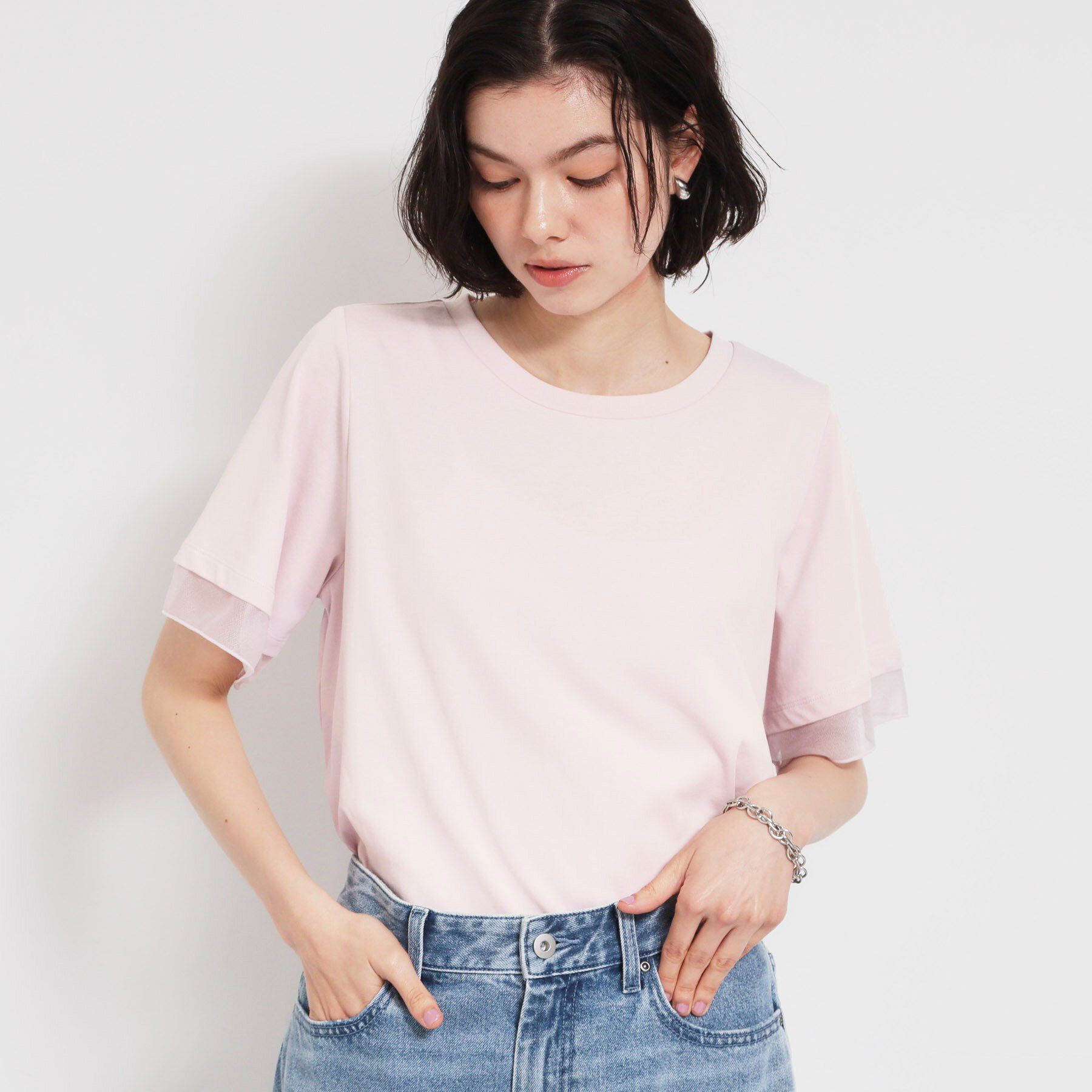 THE SHOP TK「【M-XL/ひんやり】上品な透け感 袖口シアーTシャツ」|Tシャツ・カットソー|