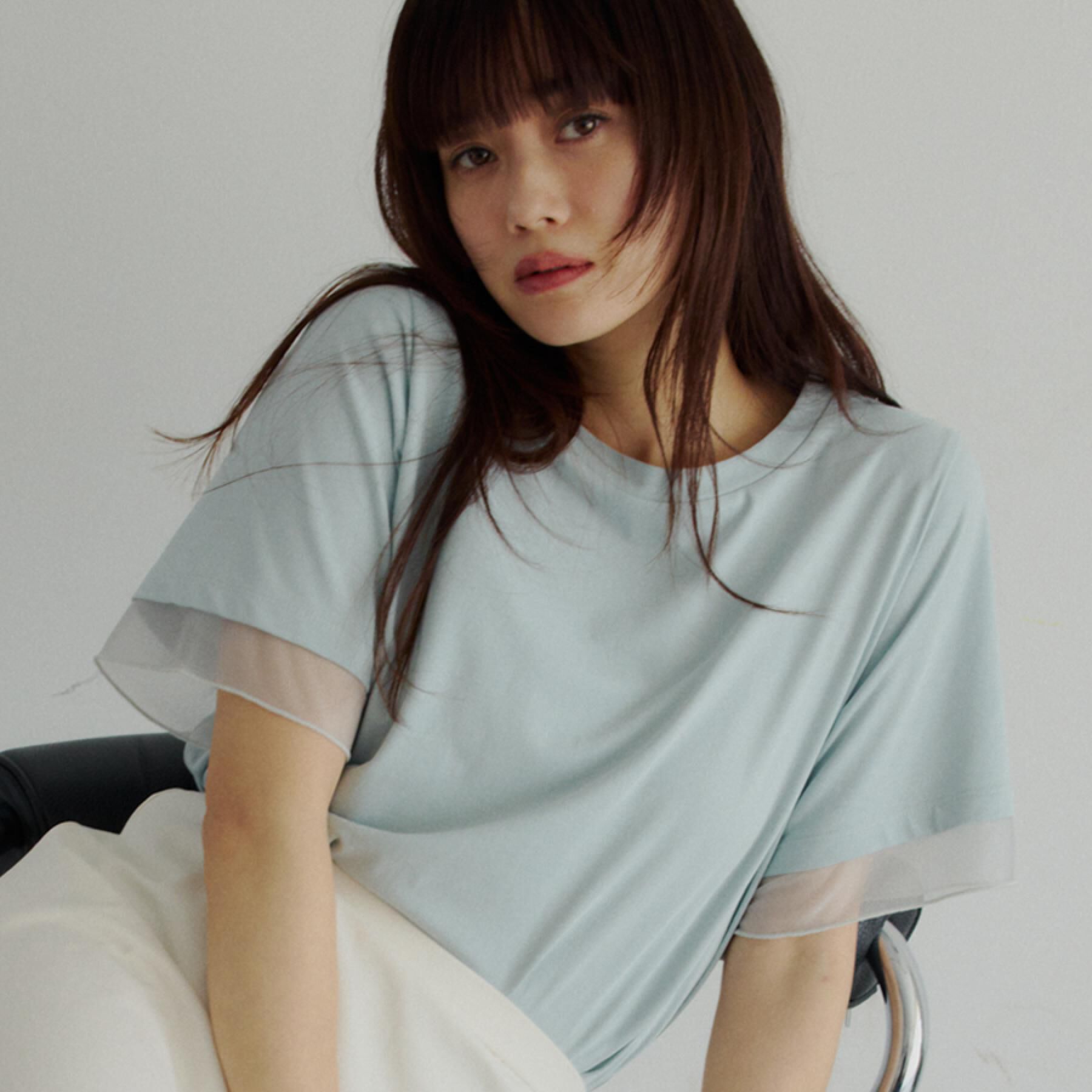 THE SHOP TK「【M-XL/ひんやり】上品な透け感 袖口シアーTシャツ」|Tシャツ・カットソー|サックスブルー(09