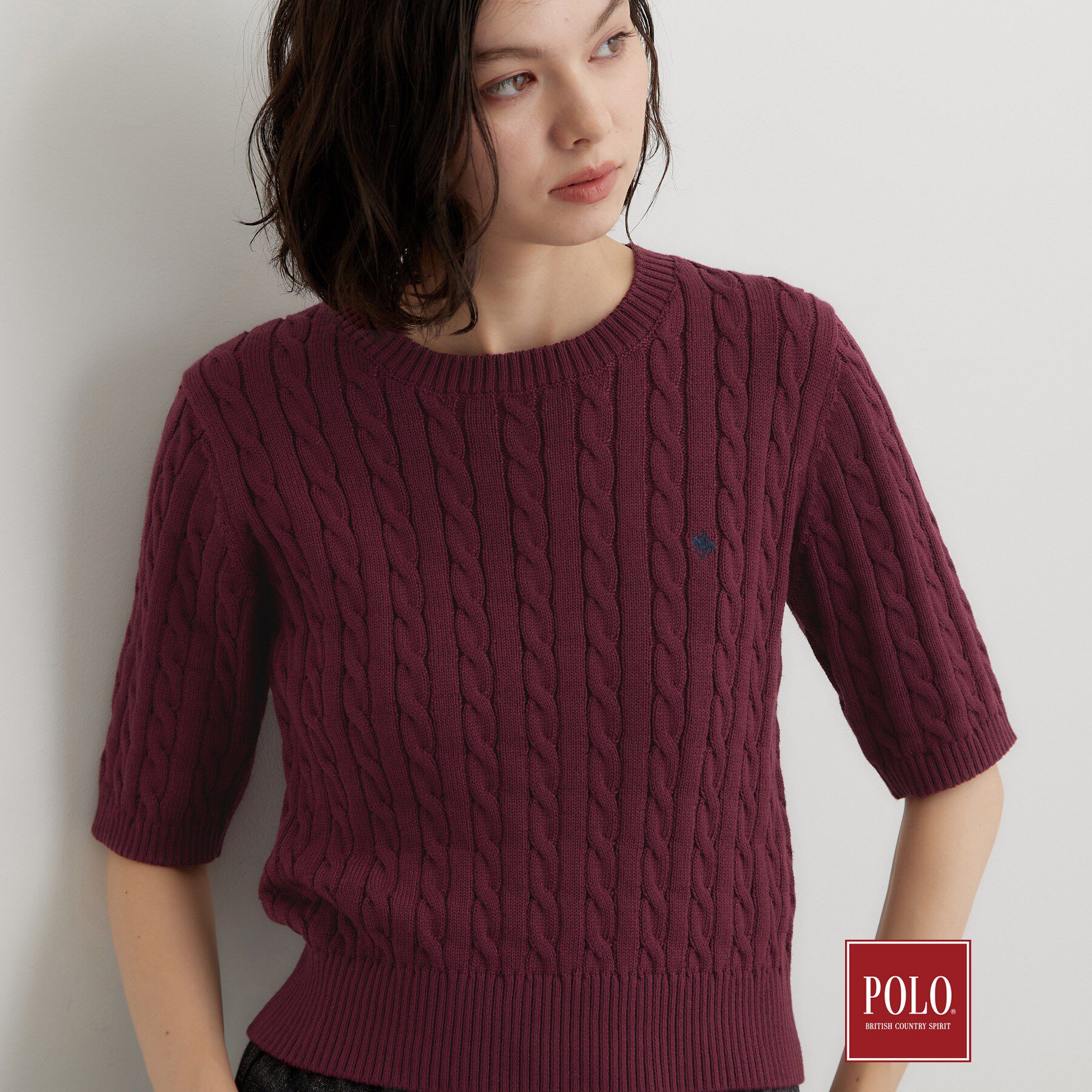 THE SHOP TK「POLO BCS/ケーブル半袖ニット」|ニット・セーター|ボルドー(064)