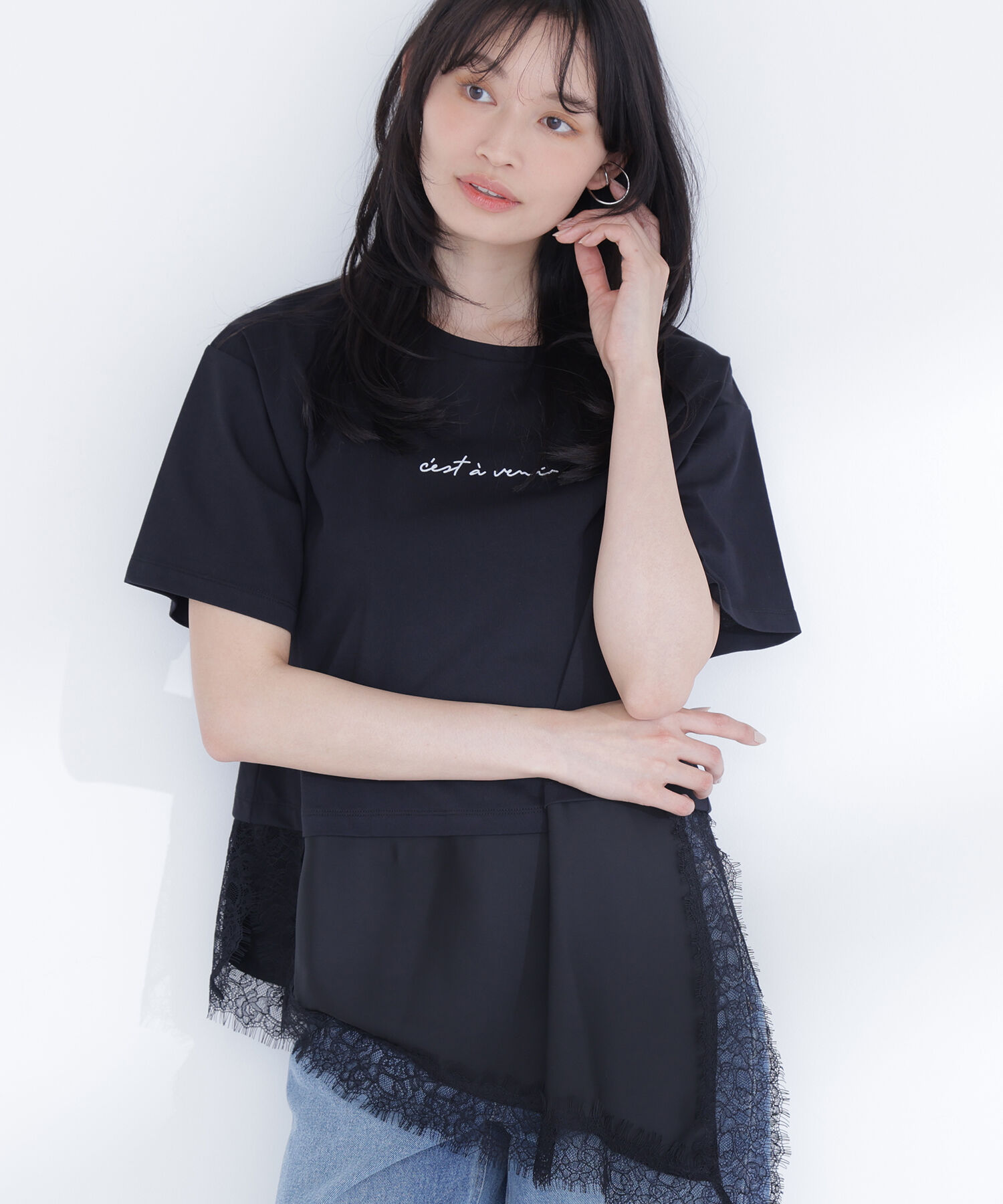  「レースドッキングロゴTシャツ」|Tシャツ・カットソー|ブラック